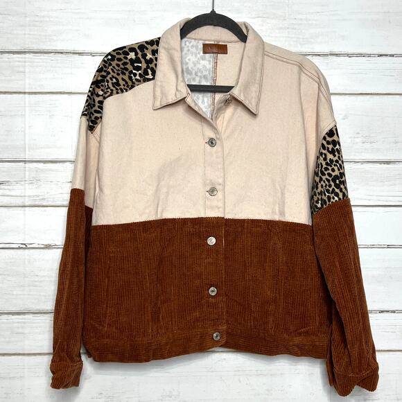 Umgee Color Block Corduroy Jacket Leopard Print Shacket Brown Size Medium - Picture 2 of 9